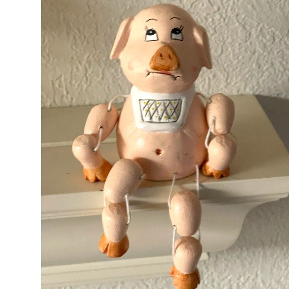 Vintage Handpainted Wood Pig Shelf Sitter Figurine~Signed Woodful ~ Farmhouse